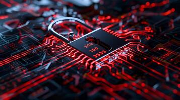 A padlock on a circuit board with red lights photo