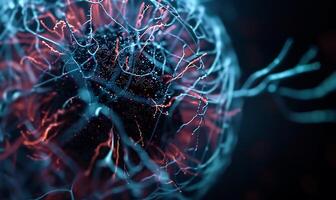 Abstract representation of a cell's intricate structure. Complex network of filaments and particles photo