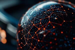 Global network sphere. Detailed digital mesh connects points on a sphere photo