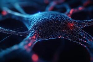 Complex neural network structure. Detailed view of interconnected neurons, highlighting intricate connections photo