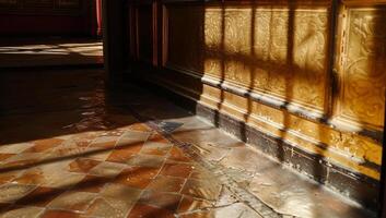 Sun-drenched interior corridor with aged tile floor and decorative gold paneling photo