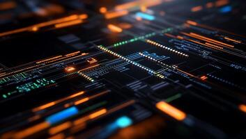 Futuristic digital circuit board with glowing lines and codes photo