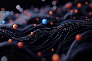 Abstract network of interconnected spheres. Interweaving lines create a dynamic wave pattern photo