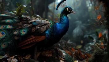 Majestic peacock in a lush, misty forest photo