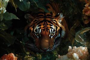 A tiger is in the middle of a bunch of flowers photo