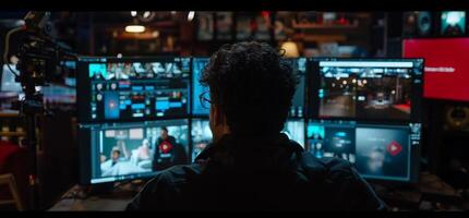 A man is sitting in front of multiple monitors photo