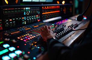 A person is using a mixing board in a studio photo