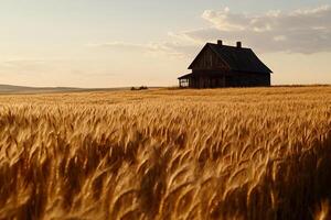 Golden wheat field with old house at sunset photo