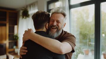 Affectionate embrace between a father and son. A warm, loving hug in a home environment photo