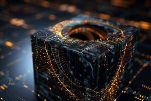 Abstract digital cube, intricate circuitry photo