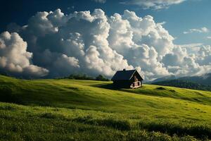 Rustic wooden house nestled in a grassy hill, dramatic clouds overhead photo