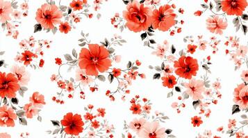 Floral print fabric design. Delicate, repeating pattern of roses and small flowers in coral, blush, and grey tones on a white background photo