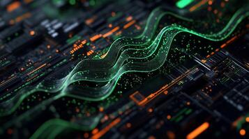 Futuristic circuit board with glowing green and orange energy lines. Detailed circuit patterns and glowing data streams photo