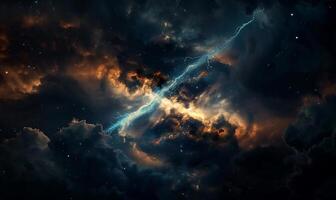 Cosmic storm clouds, vibrant nebula, dazzling light, space lightning photo