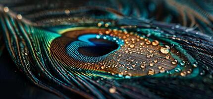 A close up of a peacock feather with water droplets photo
