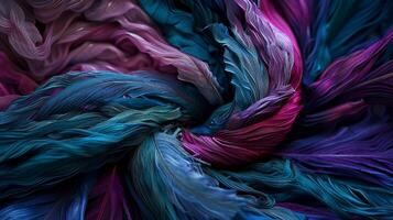 Abstract swirl of vibrant, flowing fabrics in a dynamic vortex. A tapestry of colors, textures, and shapes photo