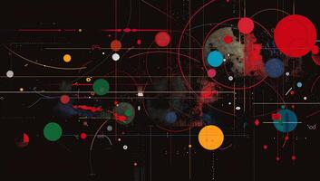 Abstract graphic design with vibrant circles and lines on a dark background. Intricate, colorful, and dynamic composition photo