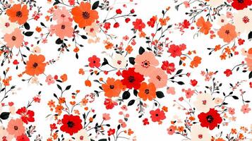 Floral print pattern with various shades of red and peach flowers on a white background photo
