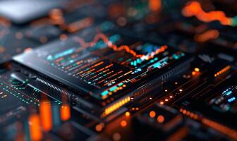 Futuristic circuit board with digital display showing code and graphs photo