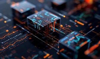 Transparent digital cubes on circuit board. Abstract data visualization photo