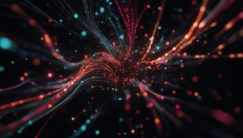 Abstract digital art depicting interconnected lines and particles. A dynamic, swirling effect of vibrant strands and tiny dots photo