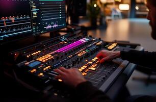 Audio engineer adjusting professional mixing console in a recording studio photo