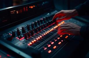 Audio mixing console close-up. Hands adjusting faders and controls photo