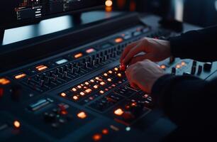 Audio engineer adjusting a professional sound mixing console. Hands meticulously control audio levels and effects photo
