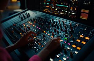 Audio engineer adjusting sound console. Hands expertly manipulating controls on a professional mixing board, digital audio workstation photo