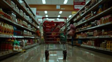 Grocery store aisle with shopping cart filled with items photo