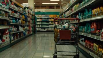 Empty grocery aisle with shopping cart photo