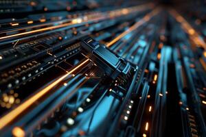 Futuristic circuit board with glowing lines. Complex technological design photo