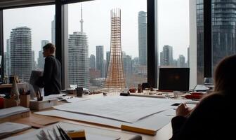 Architecture design team working on blueprints. Cityscape view photo
