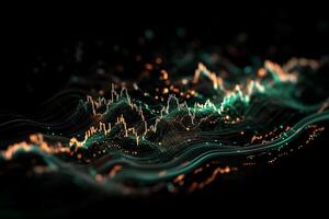 Abstract financial data visualization. Complex network of lines and points representing market trends. Dynamic, swirling patterns photo