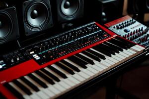 Professional analog synth keyboard in recording studio photo