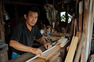 Woodworker at work in a rustic workshop photo