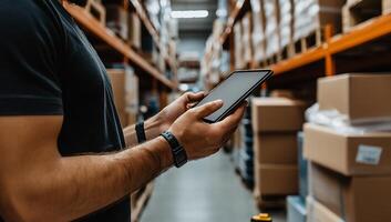 Warehouse worker using tablet for inventory management. A worker in a warehouse examines a blank tablet photo