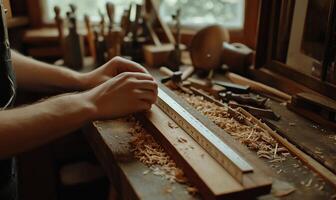 Woodworker measuring wood. Hands meticulously working on a piece of wood, using a measuring tool in a workshop photo
