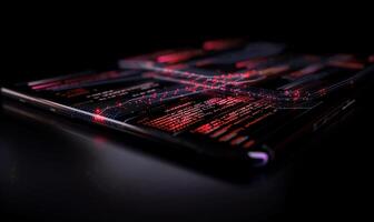 Digital tablet displaying complex code with glowing network photo
