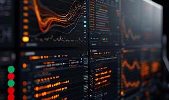 Wall-mounted trading dashboards display various financial data. Multiple screens show stock market, exchange, and investment information, including charts, graphs, and numerical data photo