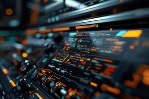 Futuristic control panel with glowing displays and interactive controls photo