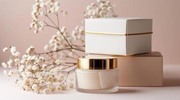 Elegant skincare product packaging, featuring a cream jar and boxes, on a soft blush background with delicate flowers photo