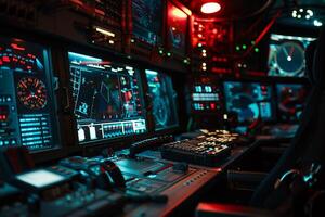 High-tech cockpit interior, illuminated displays, complex controls photo