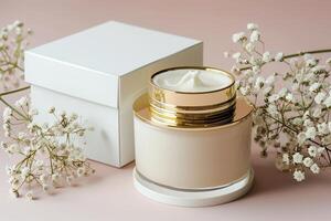 Luxurious cream jar and box on a blush backdrop, adorned with delicate flowers photo