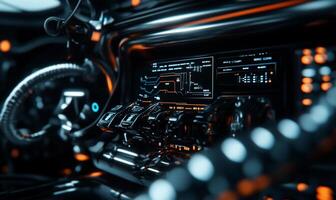 A close up of a dashboard in a futuristic car photo