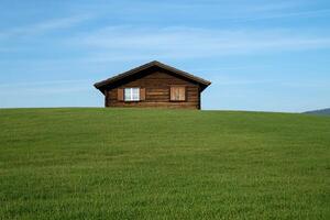 Rustic wooden chalet on a grassy hill under a clear sky photo