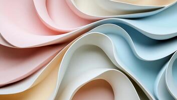 Abstract pastel color paper curves. A vibrant, smooth, and dynamic pattern of soft pastel colors. The layers of curved shapes create an ethereal and artistic aesthetic photo