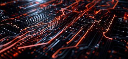 A computer circuit board with glowing lines photo