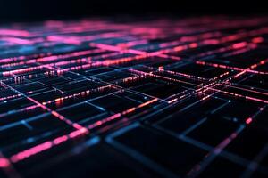 Abstract digital network grid, glowing lines, and interconnected squares photo