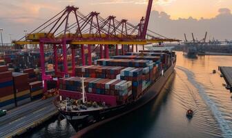 Container ship at port, cranes loading and unloading cargo photo